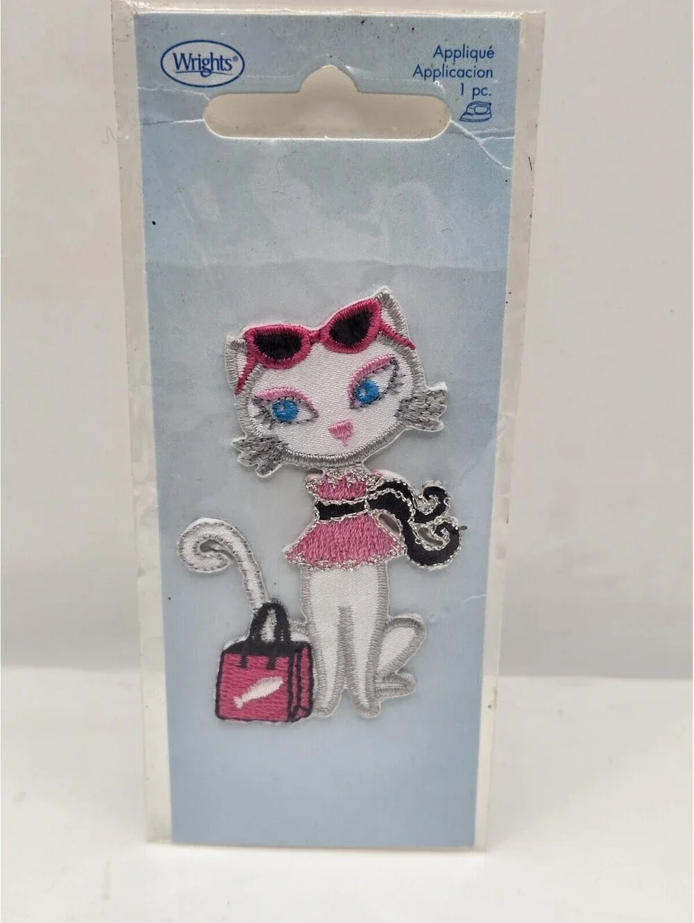 Vtg Wrights Cat Applique Patch Iron On White Kitty Pink Dress Sunglasses New NOS